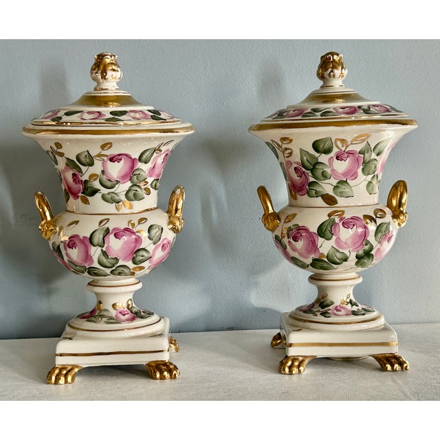 Vintage !960's Unique Pair of Lidded Table Lamps. Made of Porcelain with Painted Roses and Gold Accents and Claw Feet....