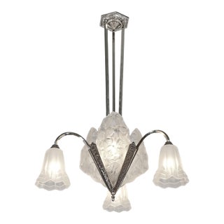 Degue French Art Deco Multi-Light Chandelier 1930s - Frosted Glass & Nickeled Bronze For Sale