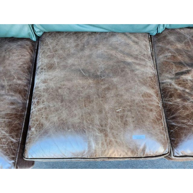 2010s Drexel Blue and Brown Two Tone Leather Sofa With Nailheads Pella Soft Leather For Sale - Image 5 of 9