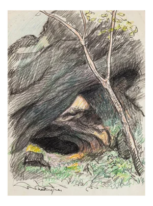 The Cave - Pencil and Pastel Drawing by M. Juan - Late 20th Century Late 20th Century