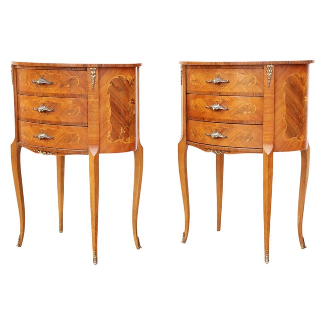 Brown Vintage French MarquetryOval Bedside Tables, 1950s, Set of 2 For Sale - Image 8 of 12