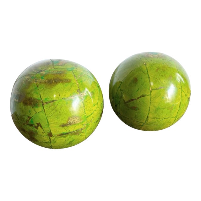Vintage Boho Green and Gold Lacquered Spherical Sculptures - a Pair For Sale