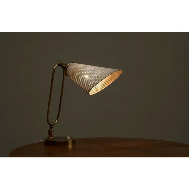 Vintage French Table Lamp in Patinated Brass and Perforated Metal by Mathieu Matégot, 1950s For Sale - Image 6 of 14