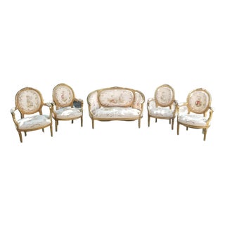 Late 19th C. Louis XVI Revival Giltwood Aubusson Tapestry Salon Suite | Canapé & Four Fauteuils For Sale