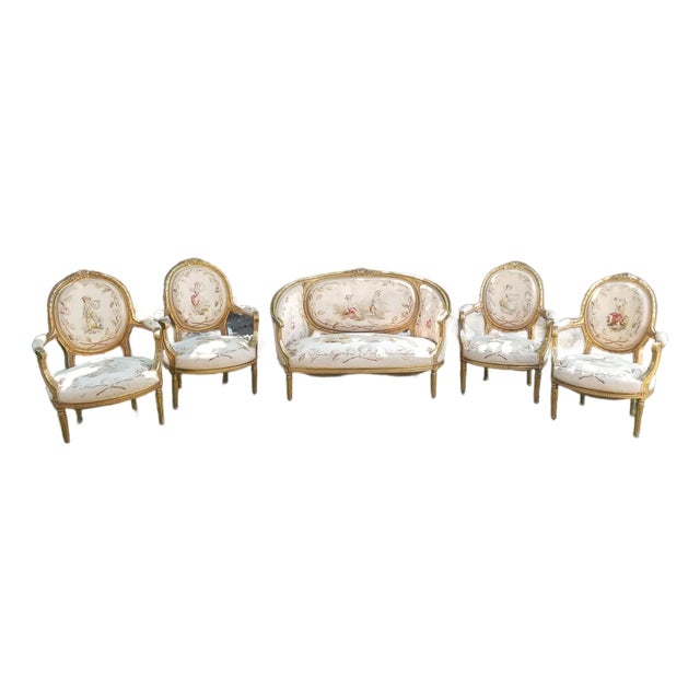 Late 19th C. Louis XVI Revival Giltwood Aubusson Tapestry Salon Suite | Canapé & Four Fauteuils For Sale