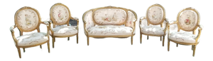 Late 19th C. Louis XVI Revival Giltwood Aubusson Tapestry Salon Suite | Canapé & Four Fauteuils
