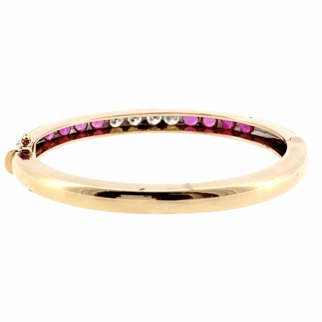 Contemporary Vintage 14k Gold Ruby and Diamond Hinged Bangle Bracelet For Sale - Image 3 of 7