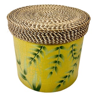1990s Vintage Coastal Boho Chic Wicker Lidded Bamboo Leaf Motif Storage Box, Medium For Sale