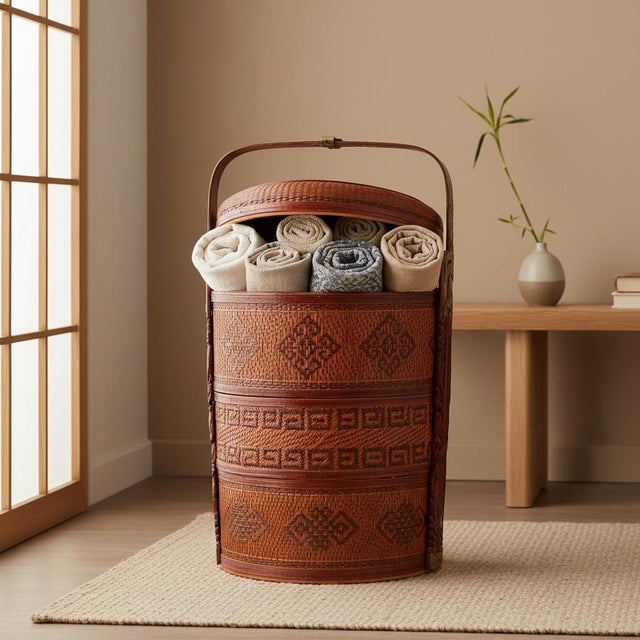 Wood Mid 20th Century Large Chinese Wedding Basket Tiered-Woven Bamboo Rattan-Lacquer-Chinoiserie-Boho For Sale - Image 7 of 11