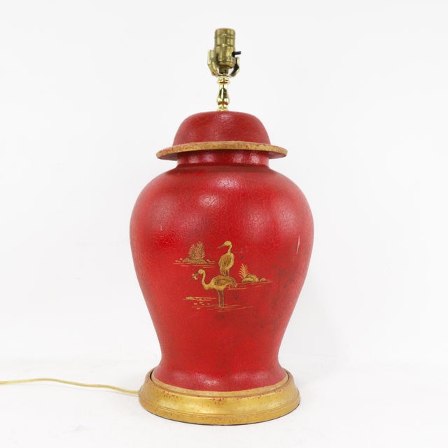 Early 21st Century Vintage Red and Gold Chinoiserie Hand-Painted Landscape Temple Jar Table Lamp For Sale - Image 5 of 12