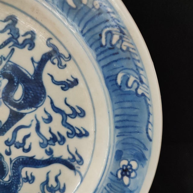 White Chinese Ceramic Plate,Blue and White Porcelain Plate Hand Painted Dragon Pattern For Sale - Image 8 of 11