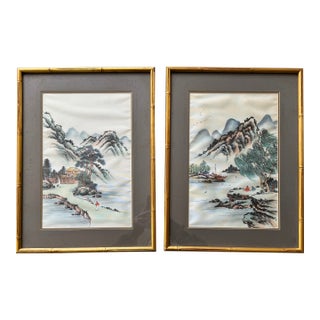 Pair of Vintage Chinese Silk Landscape Paintings in Bamboo-Style Frames For Sale