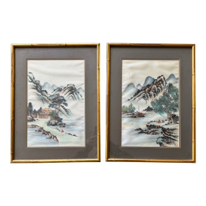 Pair of Vintage Chinese Silk Landscape Paintings in Bamboo-Style Frames