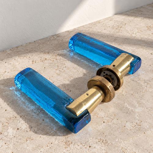 Metal Italian Blue Murano Glass and Brass Door Handles, 1970s, Set of 6 For Sale - Image 7 of 9