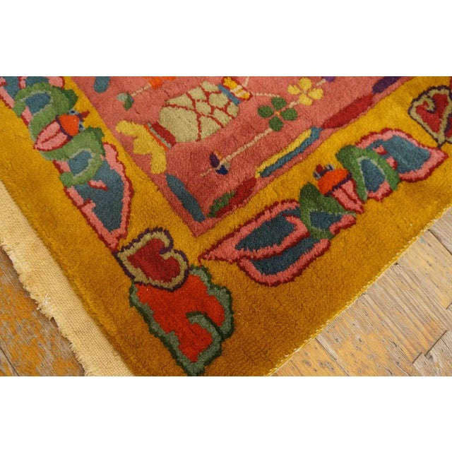 Rose Stunning Rose Pink With Figurative and Geometric Design Antique Chinese Art Deco Rug For Sale - Image 8 of 9