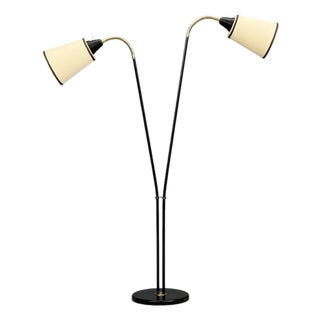 1960s Swedish Modern, Floor Lamp, Black Lacquered Metal, Brass, Fabric For Sale