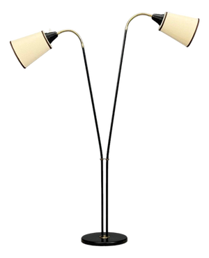 1960s Swedish Modern, Floor Lamp, Black Lacquered Metal, Brass, Fabric