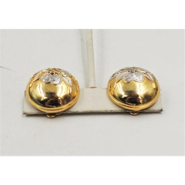 1980s Vintage 1980s Valentino Goldtone & Rhodium Plate Rhinestone Flower Clip Earrings - 2 Pieces For Sale - Image 5 of 9