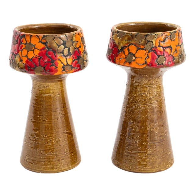 Bitossi Italian Floral Pottery Candlesticks, Pair For Sale
