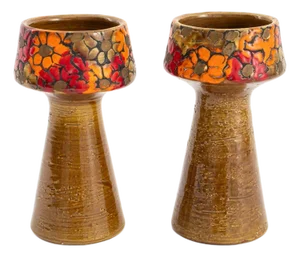 Bitossi Italian Floral Pottery Candlesticks, Pair