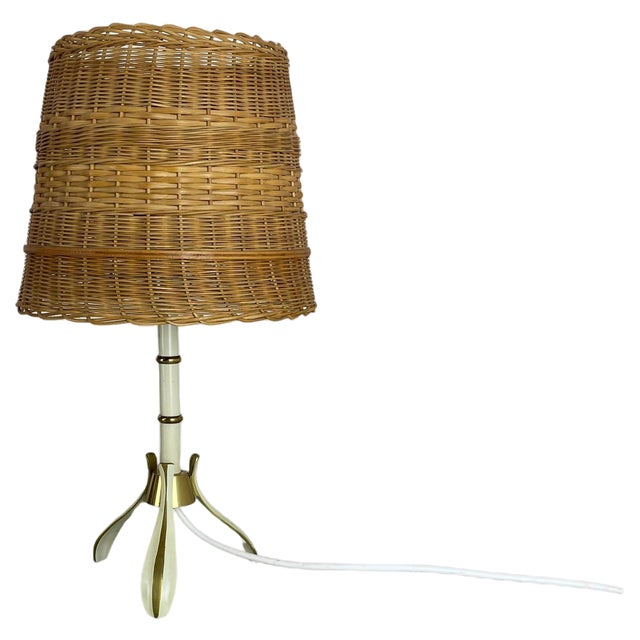 Original Rattan and Brass Table Light from Vereinigte Werkstätten, München, Germany, 1950s For Sale