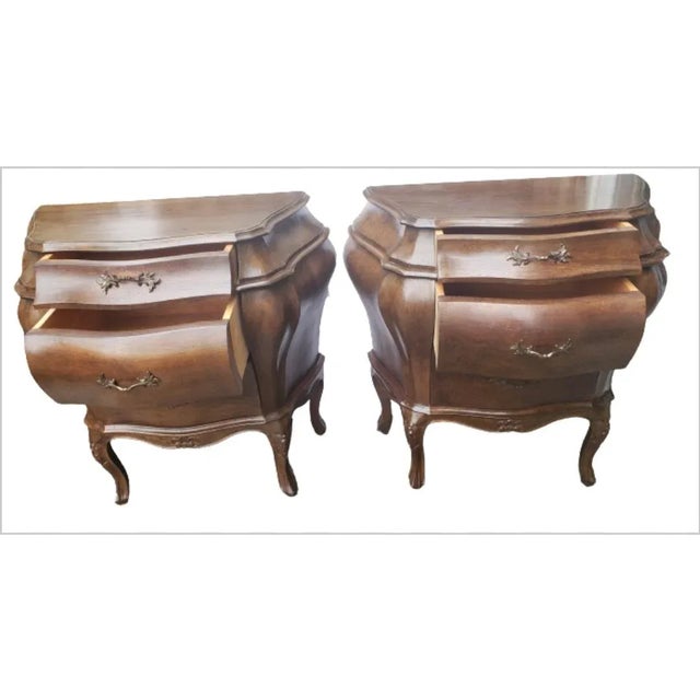 Italian Hand Carved Walnut Bombe Chests Nightstands - a Pair For Sale - Image 9 of 13
