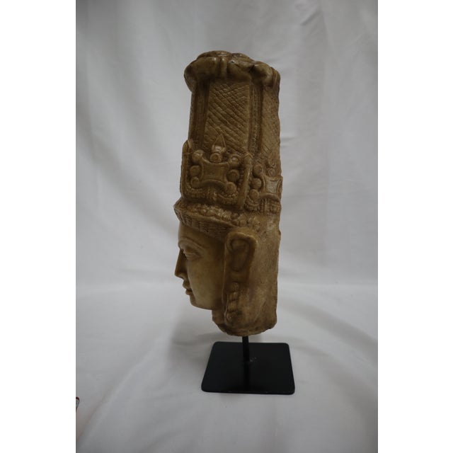 Hand Carved Stone Head of Indian Deity Statue on Stand For Sale - Image 4 of 12
