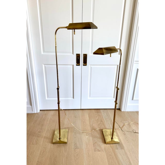 Mid-Century Modern Vintage Frederick Cooper Adjustable Solid Brass Pharmacy Floor Lamps — Pair | Architectural Modern Reading Lamps For Sale - Image 3 of 11
