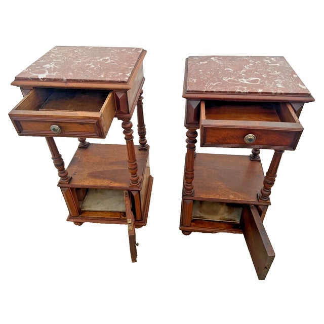Traditional Antique French Renaissance Revival Nightstands Marble Top Commode Bed Cabinets For Sale - Image 3 of 12