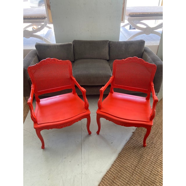 Late 18th Century 18th Century Louis XV Fauteuils in Hollywood Regency Coral- A Pair For Sale - Image 5 of 14