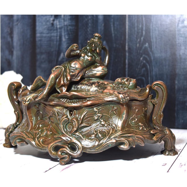Antique Art Nouveau Metal Dresser Box Casket Lady on Bear Skin Rug This is a wonderful find. A large Art Nouveau Dresser...