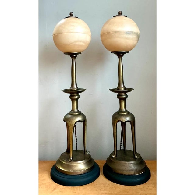 Metal Vintage Brass and Alabaster Table Lamps - Pair For Sale - Image 7 of 12