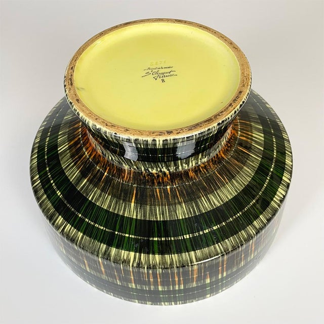 ✧ RARE ✧ Large footed ceramic bowl from the French Saint-Clément factory. Hand-painted. Stamped and numbered. Circa 50...