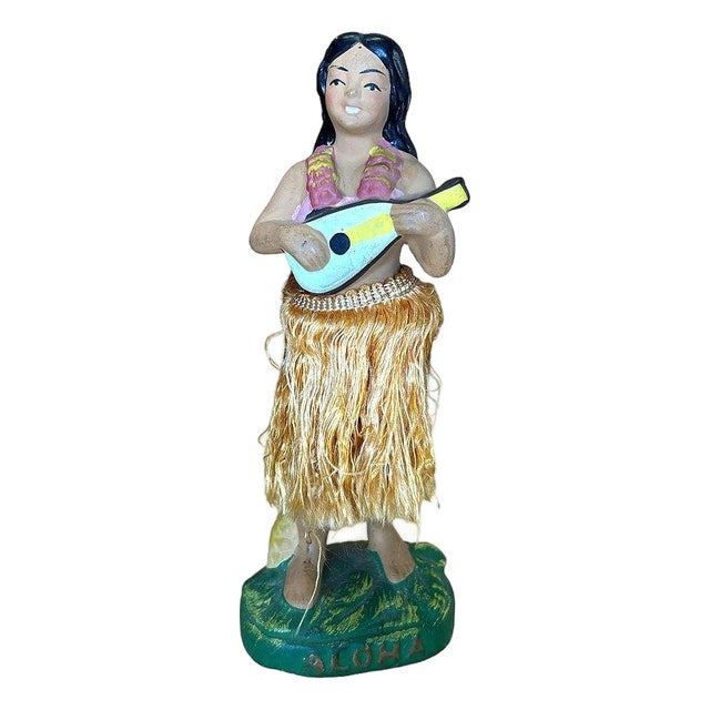 Mid 20th Century Ceramic "Aloha" Hawaiian Dancing Hula Girl W/ Ukulele Figurine For Sale