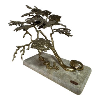 Vintage Signed Bijan Brass Bonsai Tree Sculpture, Deer Family, Marble Base For Sale