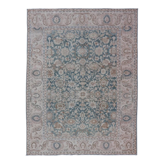 All-Over Light Green Floral Antique Persian Hamadan Rug With Earthy Tones 7'0 X 9'10 For Sale