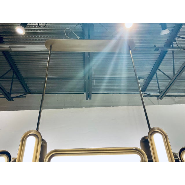 Original retail $4950, unique Revelation Seeded White Art Glass Brass Dot Dash Pendant Chandelier, LED, showroom floor sample