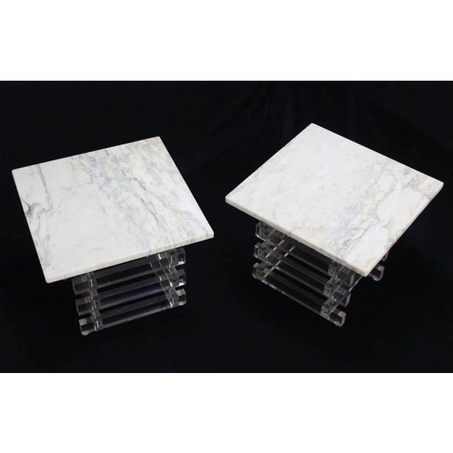 Nice pair of square marble top lucite bases end or side tables pedestals. Perfect for a modern home.