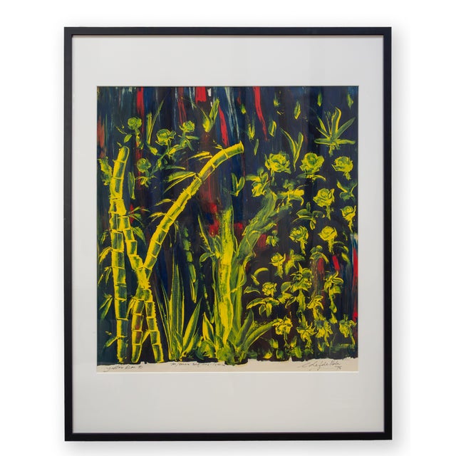 Yellow Rose presents a jungle in turmoil. Plant-like forms stand glowing in the foreground—bamboo, leaves, roses—while the...