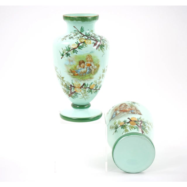 Verdigris Early 20th Century French Hand Painted / Decorated Art Glass Pair Vase For Sale - Image 8 of 12