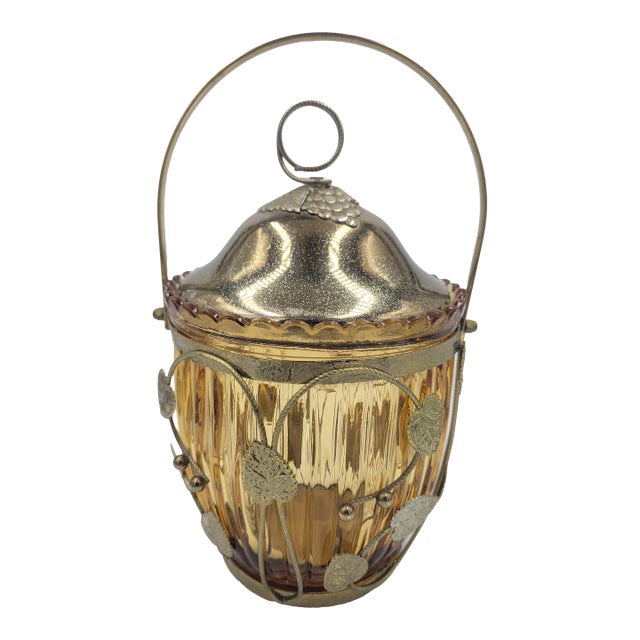 Mid 20th Century Japanese Amber Optic Glass Musical Biscuit Jar With Grape Leaf Filigree For Sale