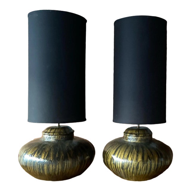 Late 20th Century Black + Gold Ceramic Table Lamps - a Pair For Sale