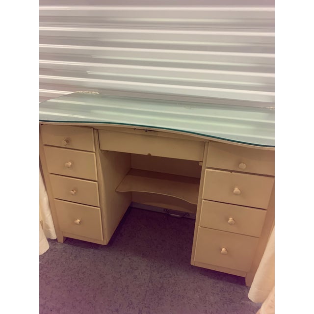 1930s Custom Kidney Shaped Mirror Top Skirted Dressing Table Set of 2