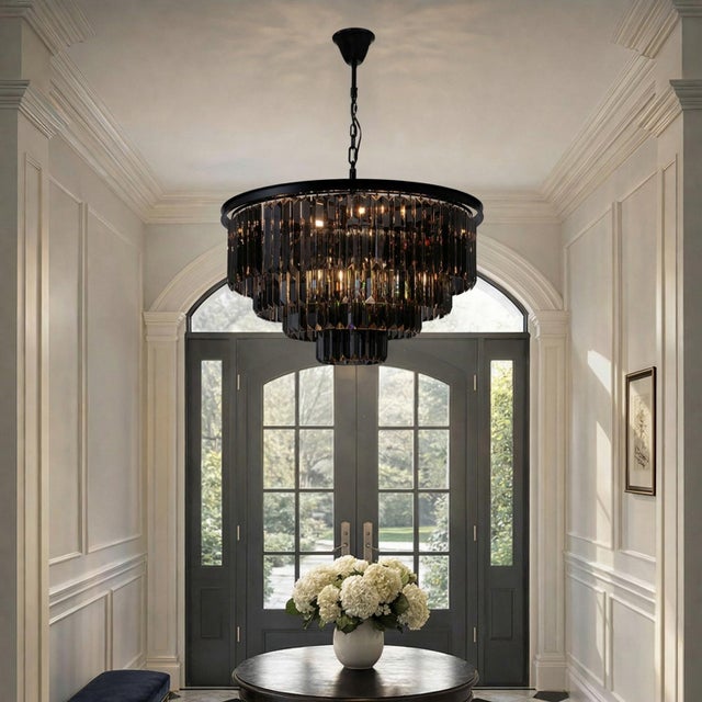 Glass Aloadecor Modern Matte Black 4-Tier Round Fringe Chandelier With Smoke Crystal Accent For Sale - Image 7 of 7