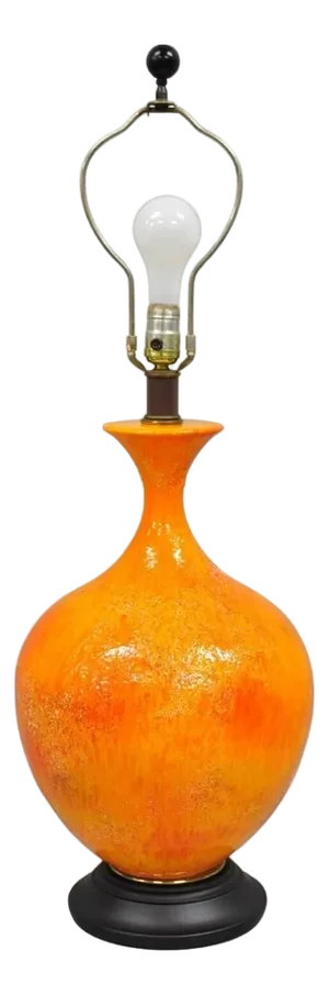 Vintage Mid Century Modern Orange Lava Glazed Bulbous Ceramic Pottery Table Lamp