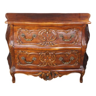 Vintage French Provincial Louis XV Serpentine Carved Cherry Bombe Commode Chest For Sale