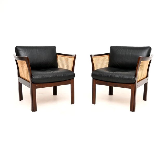 Vintage Danish Leather and Cane Chairs by Illum Wikkelso for CFC Silkeborg, 1960, Set of 2 For Sale - Image 11 of 11