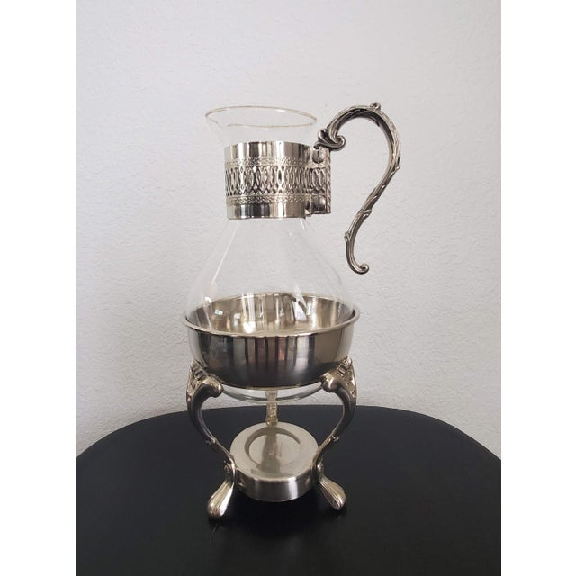 Art Nouveau 1980s Elegance Glass Coffee Carafe With Warming Stand, Ep Brass Silver Plated Tea Pot For Sale - Image 3 of 12