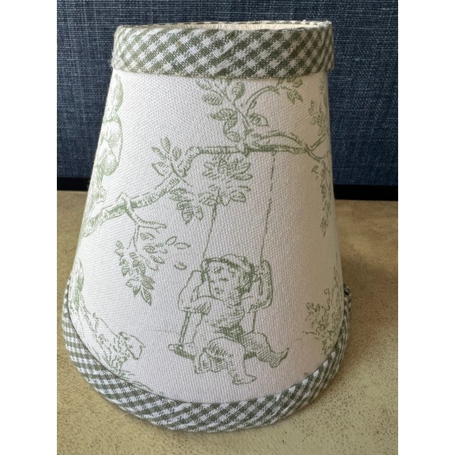 French Country Set of 3 Green Toile Clip on Lamp Shades for Chandeliers or Sconces With Gingham Trim For Sale - Image 3 of 10