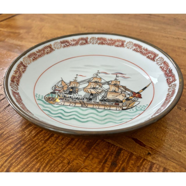 Rustic European Mid 20th Century Clipper Ship Porcelain Plate Encased in Brass For Sale - Image 3 of 6
